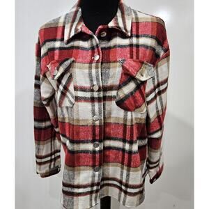 Women Small Red Beige Plaid Shirt Jacket Relaxed Cottagecore Western Festival